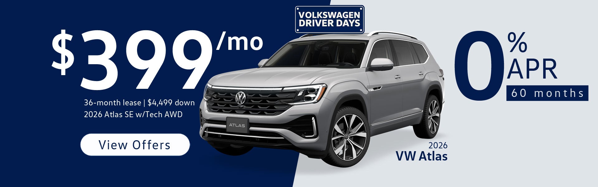 0% APR or $399/mo lease on 2026 Volkswagen Atlas